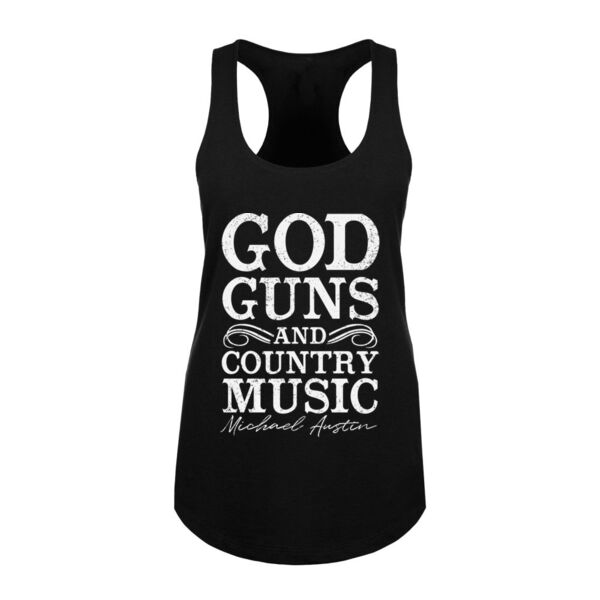God, Guns and Country Music Text - Women's Racerback Tank Top - Black Thumbnail
