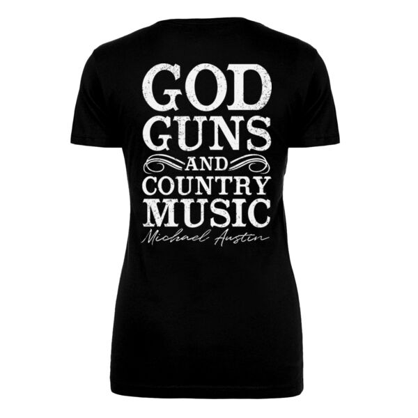 GOD GUNS COUNTRY MUSIC - BACK & FRONT PRINT - BACK/FRONT PRINT - PREMIUM WOMEN'S S/S TEE - BLACK Thumbnail